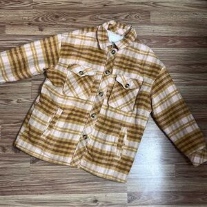aerie Plaid Sherpa Shacket in Mustard and Blush Tones